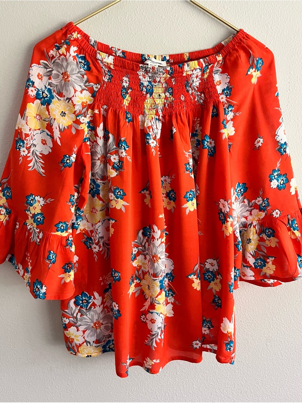 beachlunchlounge Orange Floral Off-Shoulder Blouse Flowy Romantic Cottage XS
